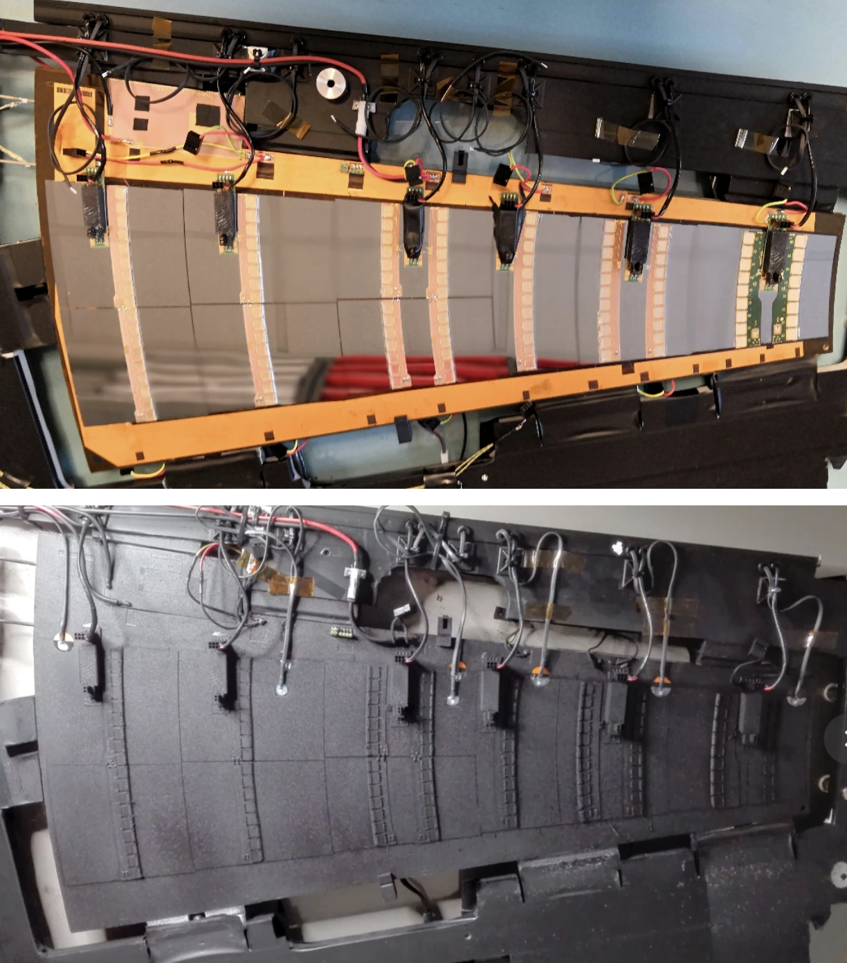 The prototype of the inner tracker strip sensor before (top) and after (bottom) being sprayed black, since such a coating makes temperature measurements with an infrared camera more accurate.